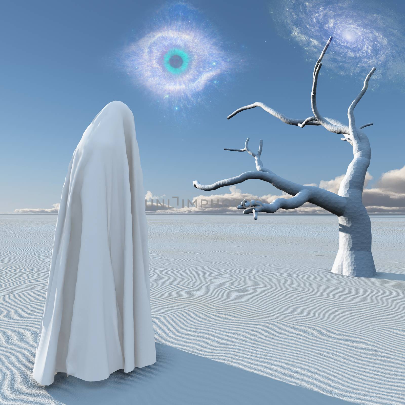 Figure in white clothes stands in surreal white desert. Planet Zen