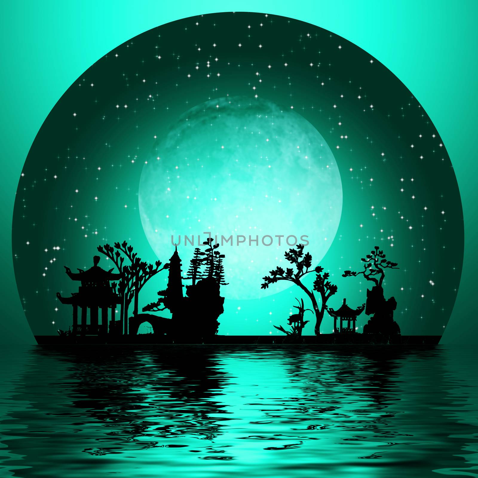 Oriental Art. Asia Night Landscape with Full Moon