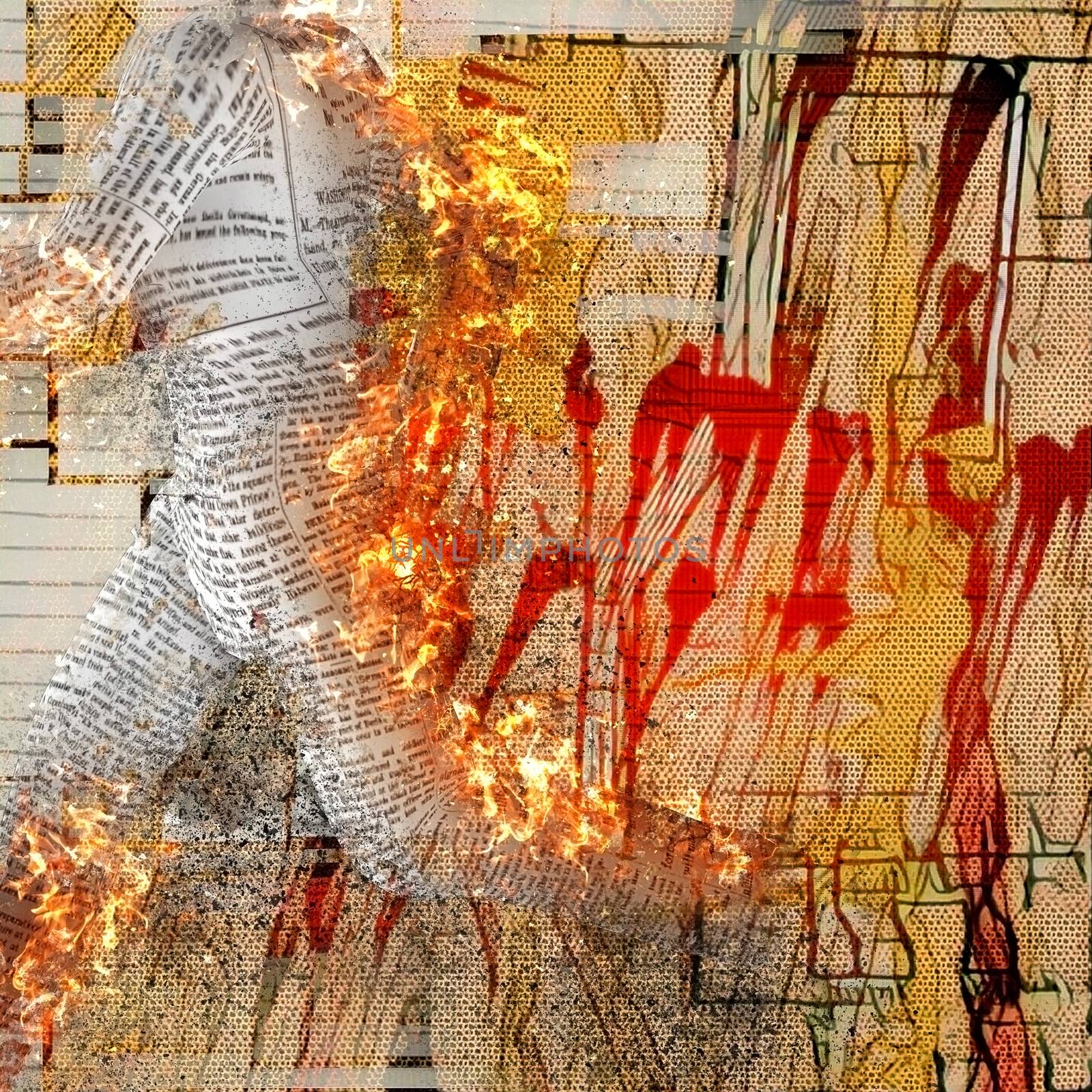 Abstraction. Burning figure of paper man. Stains and brush strokes at the background.
