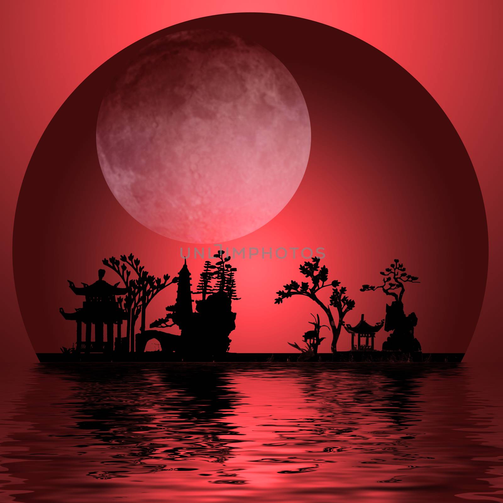 Asia Landscape with Moon. Black silhouettes in red colors background