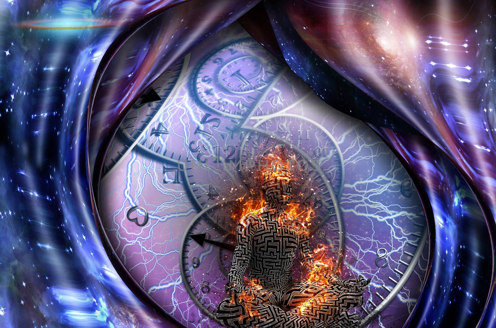 Surrealism. Figure of man in lotus pose in flames. Spirals of time and warped space