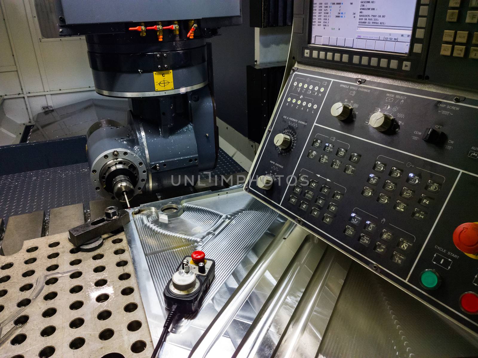 Measuring process with ruby touch probe on large CNC milling machine in jog mode.