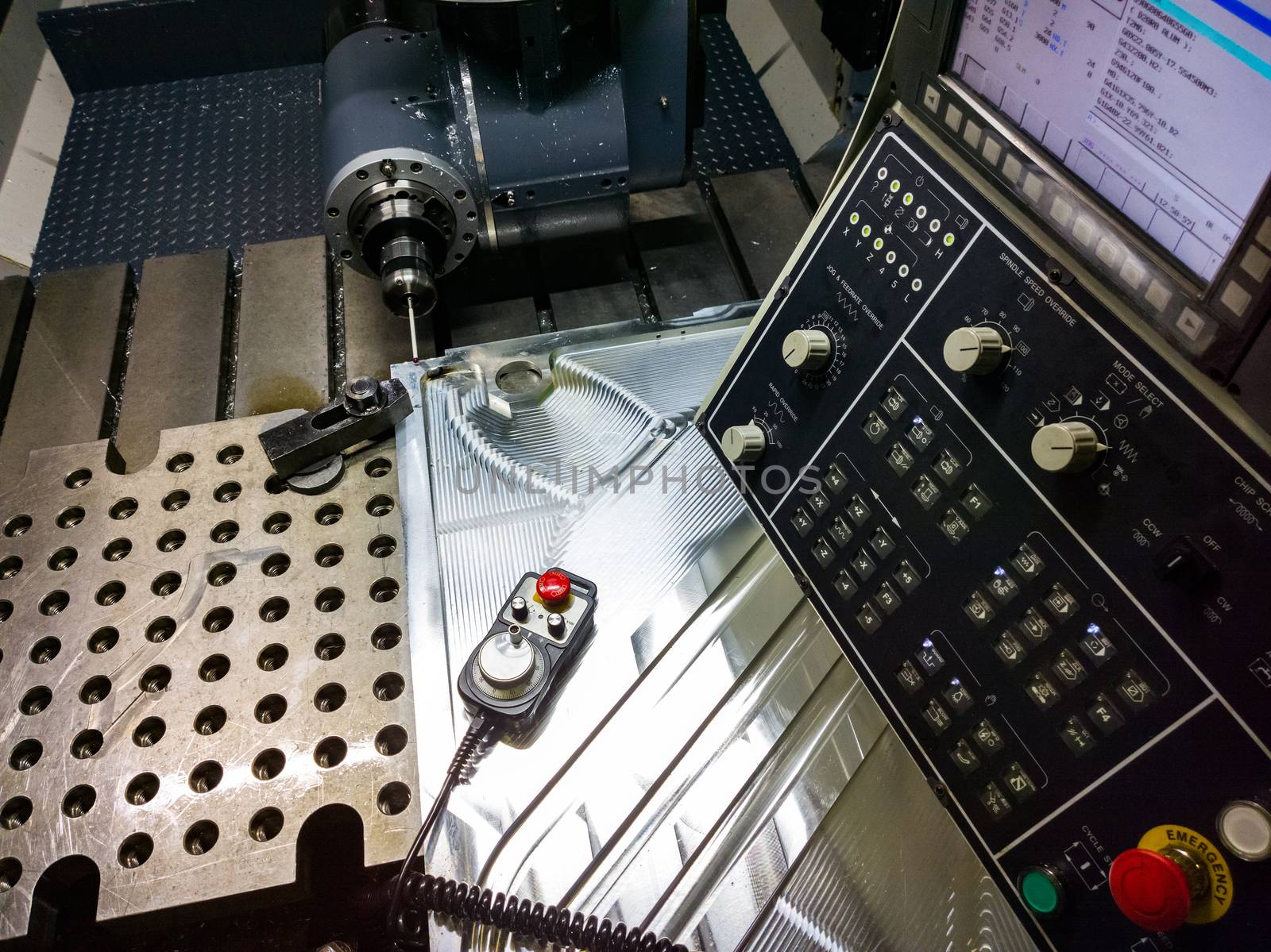 Measuring process with ruby touch probe on large CNC milling machine in jog mode.