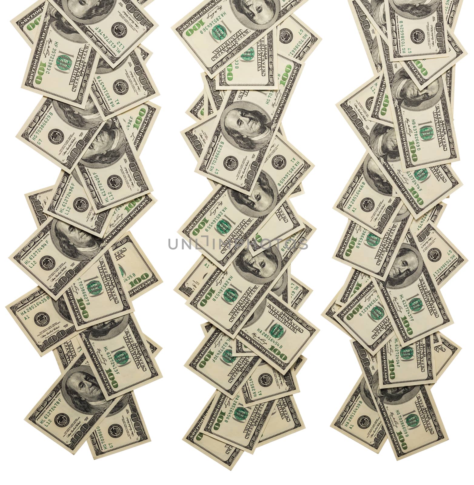 three us dollar bars isolated on white baqckground - symbol of abstract cash flow made of 100 usd banknotes