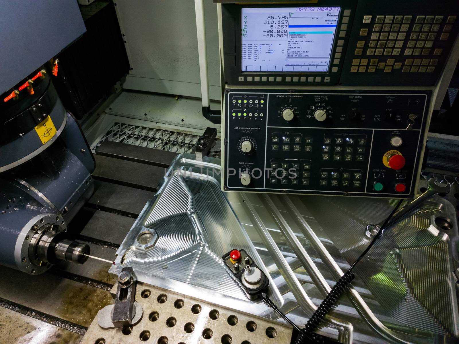 Measuring process with ruby touch probe on large CNC milling machine in jog mode.