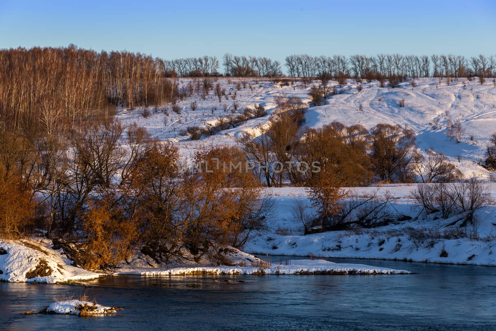 amateur winter riverside landscape with birch forest and slope.