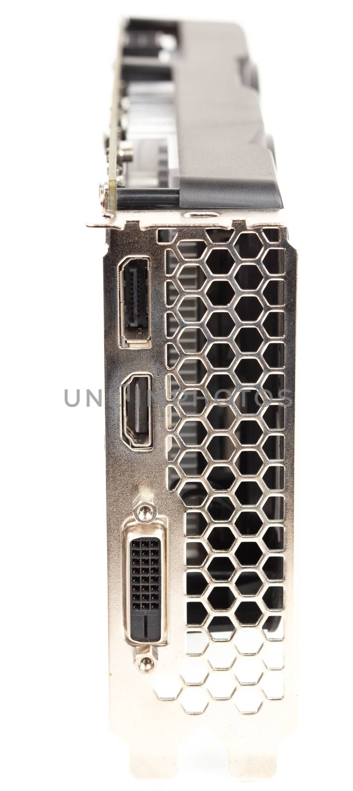 closeup view of modern video card's external connectors with selective focus and isolated on white background by z1b