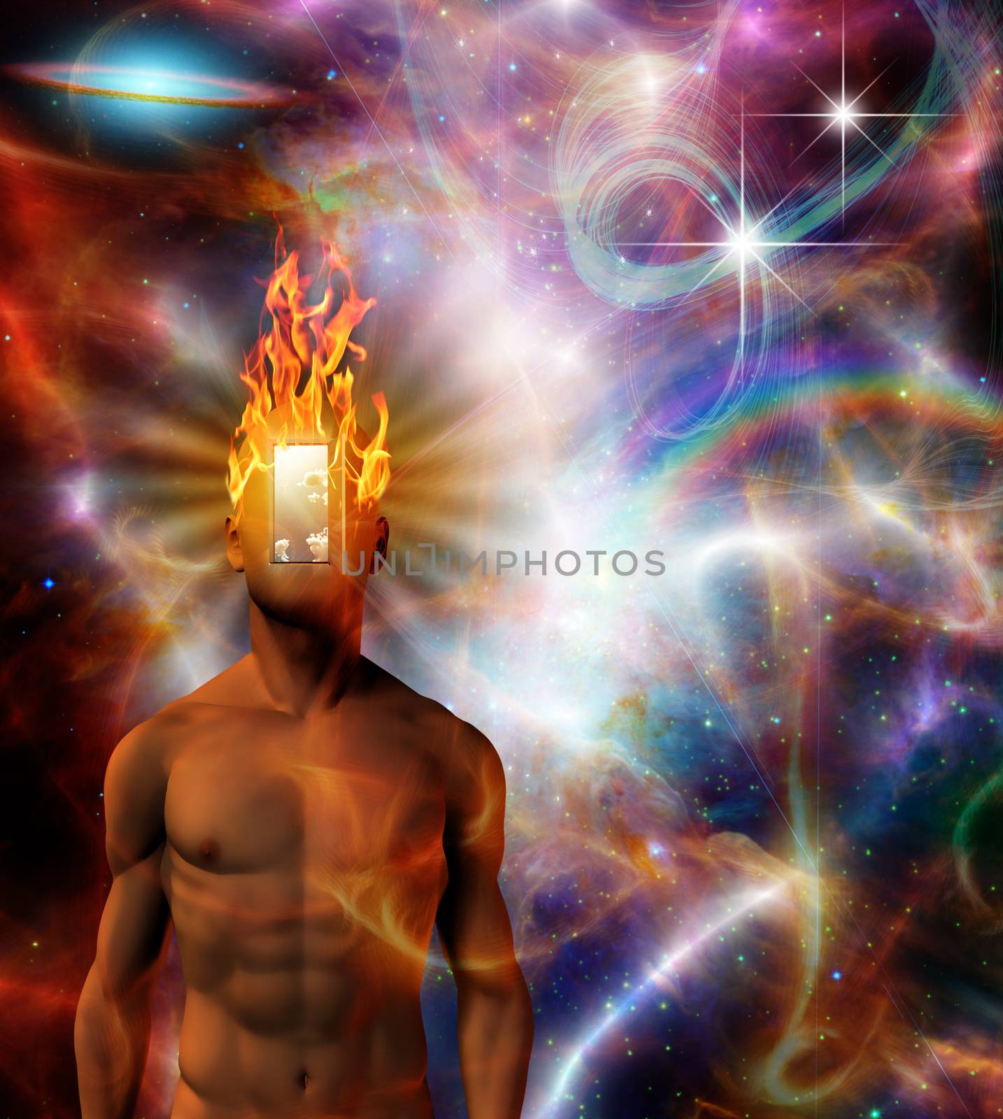 Burning mind in cosmic space. 3D rendering