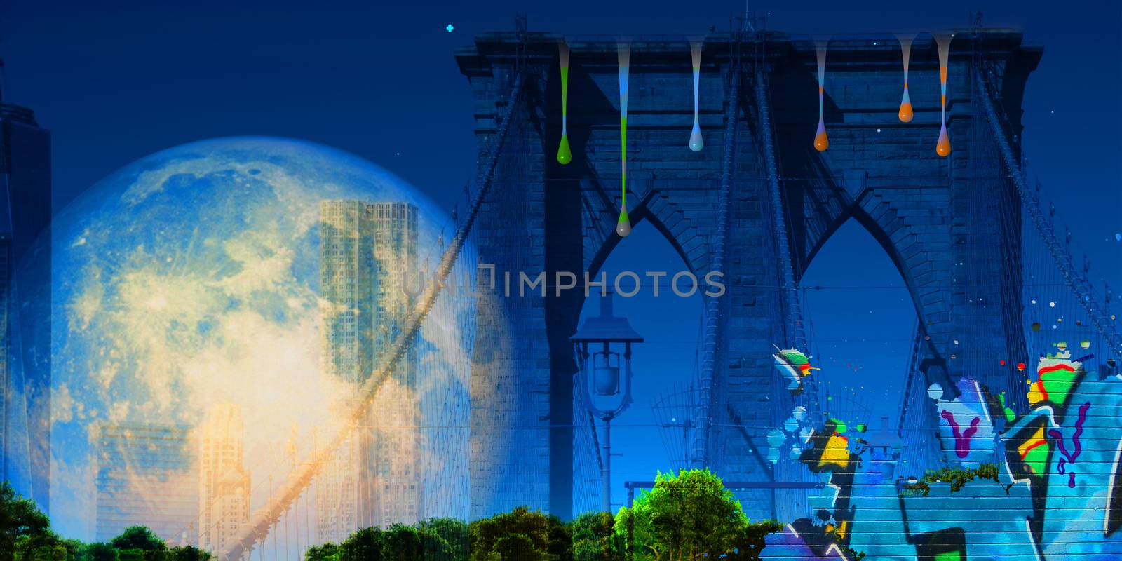 Surreal digital art. Brooklyn bridge on New York's cityscape. Giant moon, pieces of graffiti and paint drops