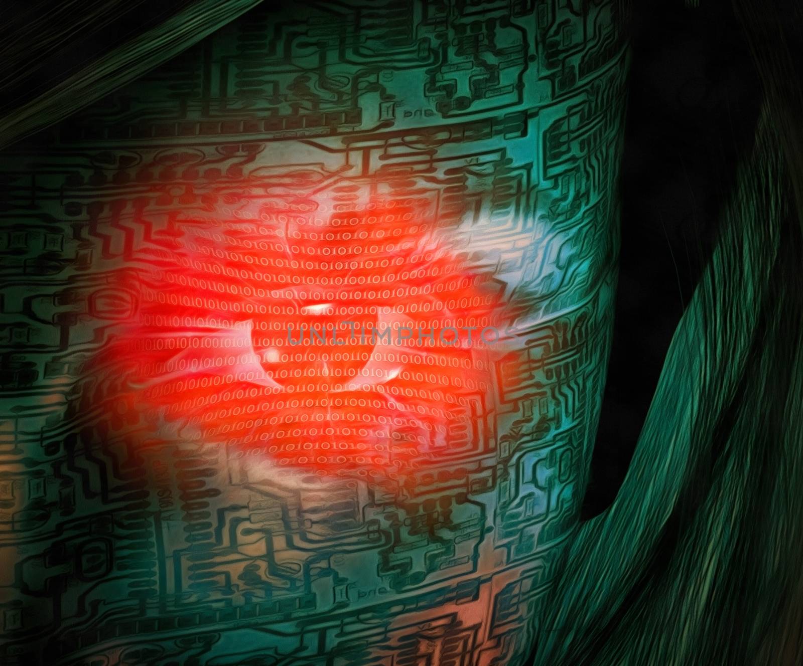 Surrealism. Red digital eye of droid woman