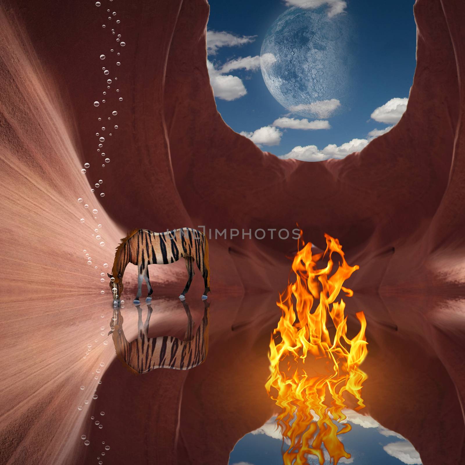 Surrealism. Red rock cave with fire and striped horse. Moon in the sky. 3D rendering