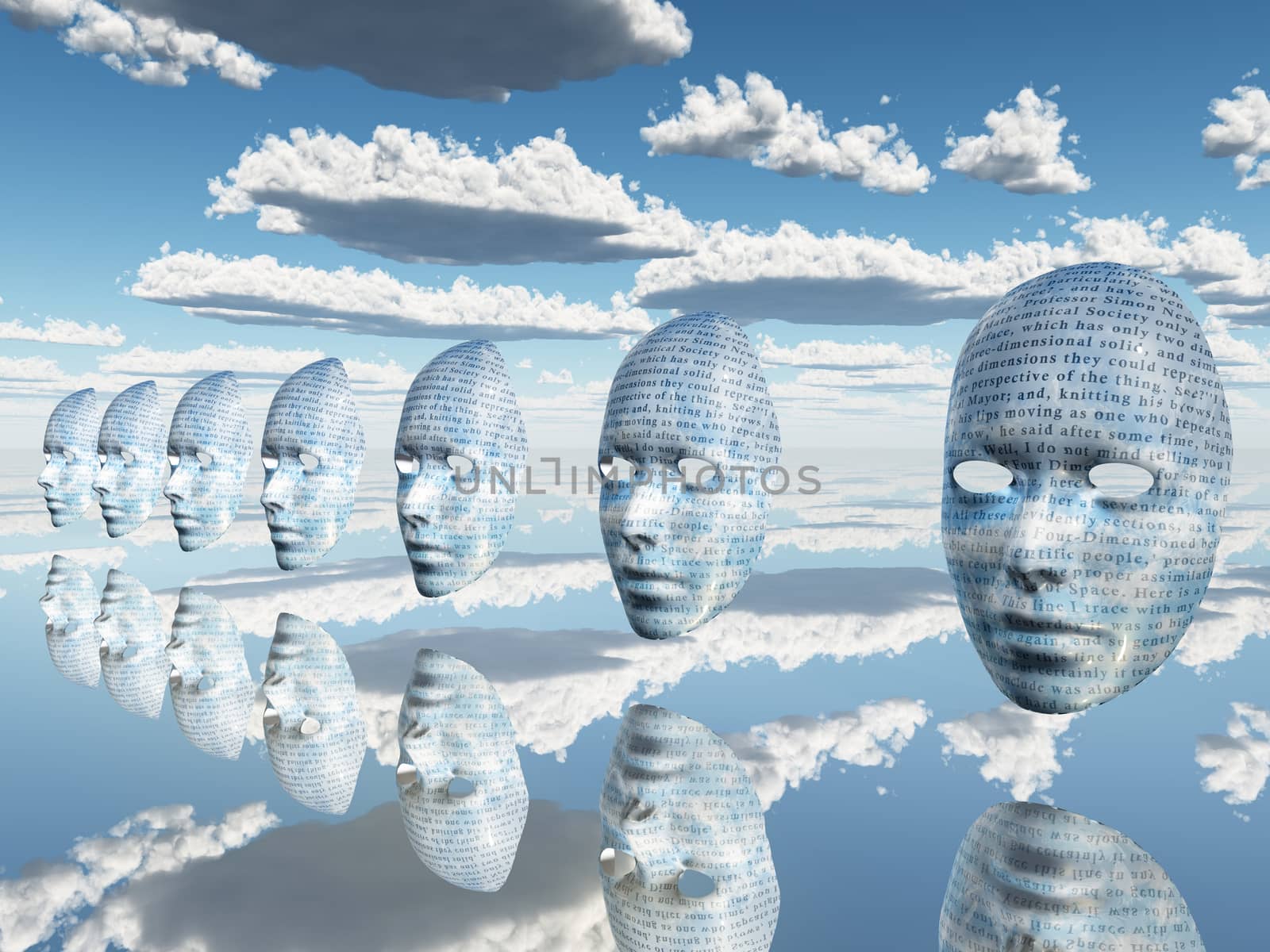 Surreal faces with text are floating in the sky