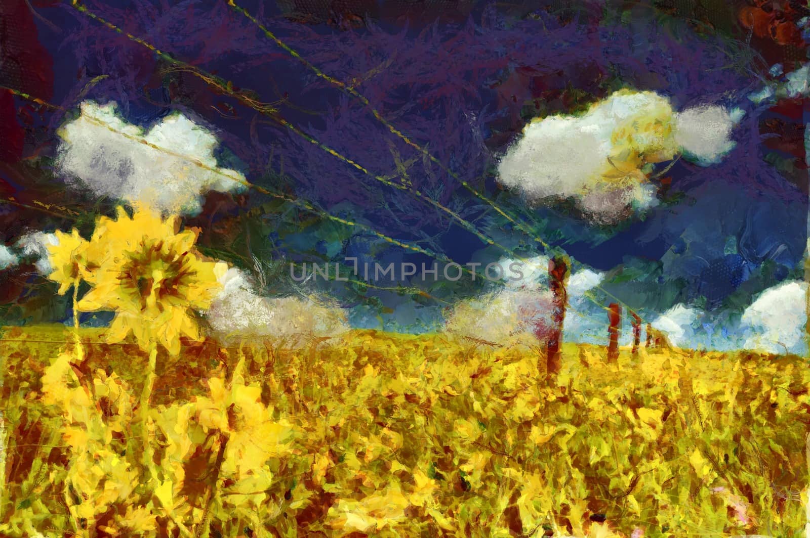 Painting. Sunflowers field. 3D rendering
