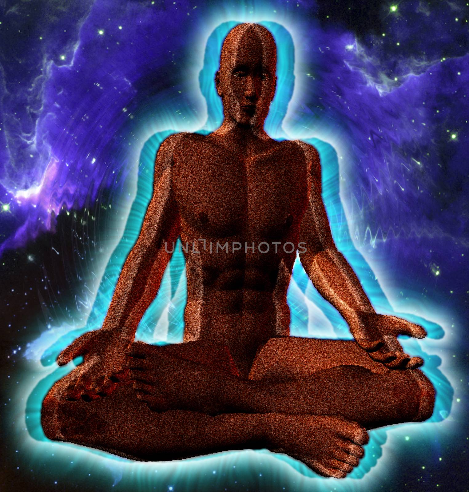 Meditation. Man figure in lotus pose with shining aura