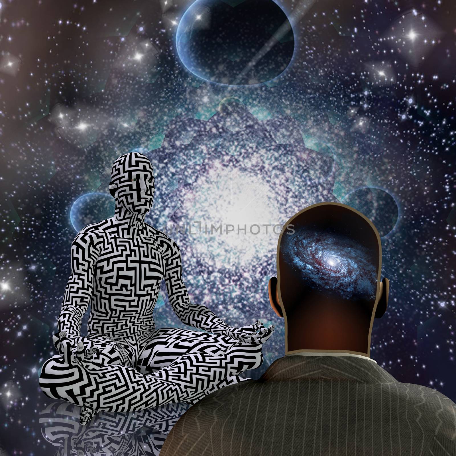 Surreal deep space. Figure of man with maze pattern in lotus pose. Man galaxy in mind