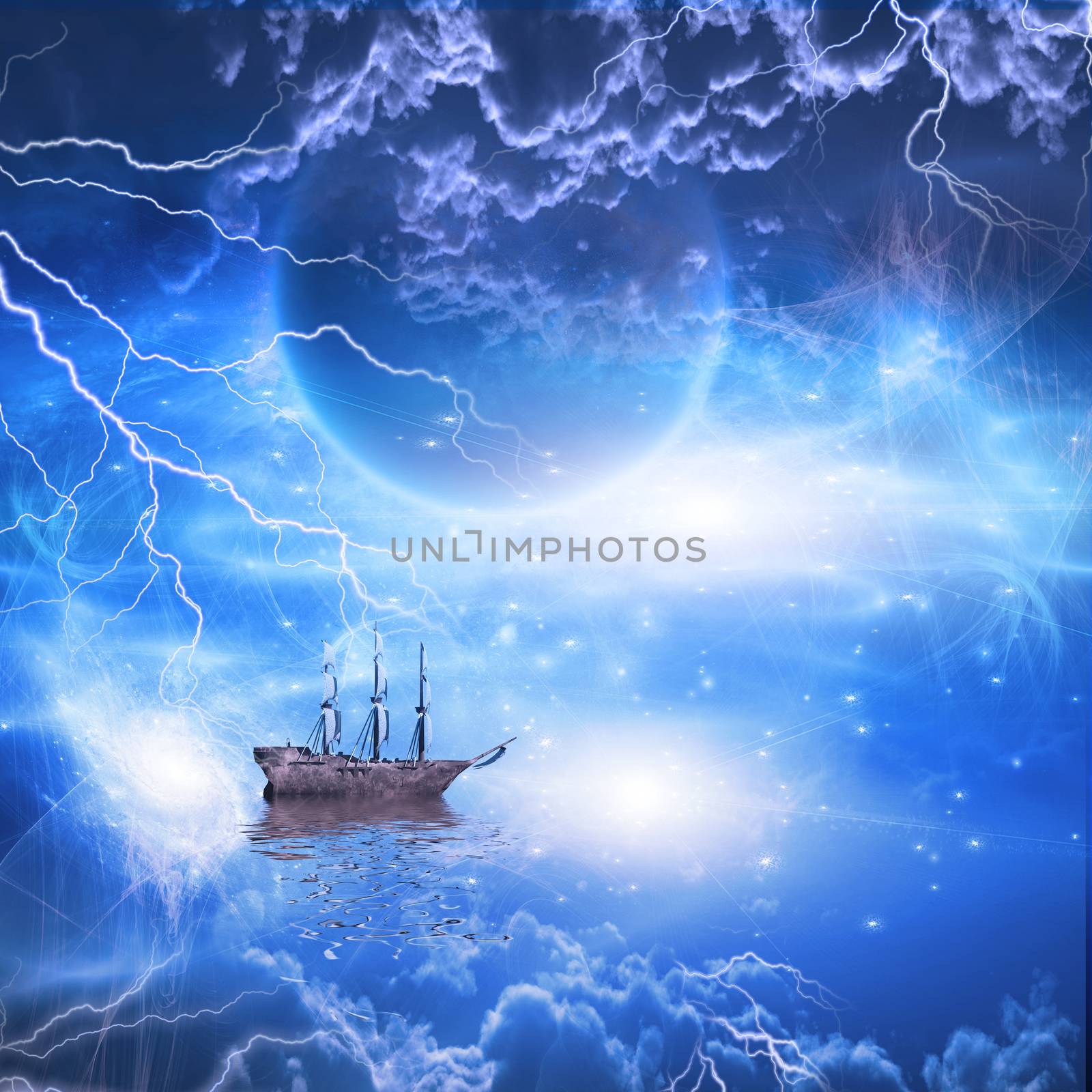 Sailing ship with full sails in fantastic scene