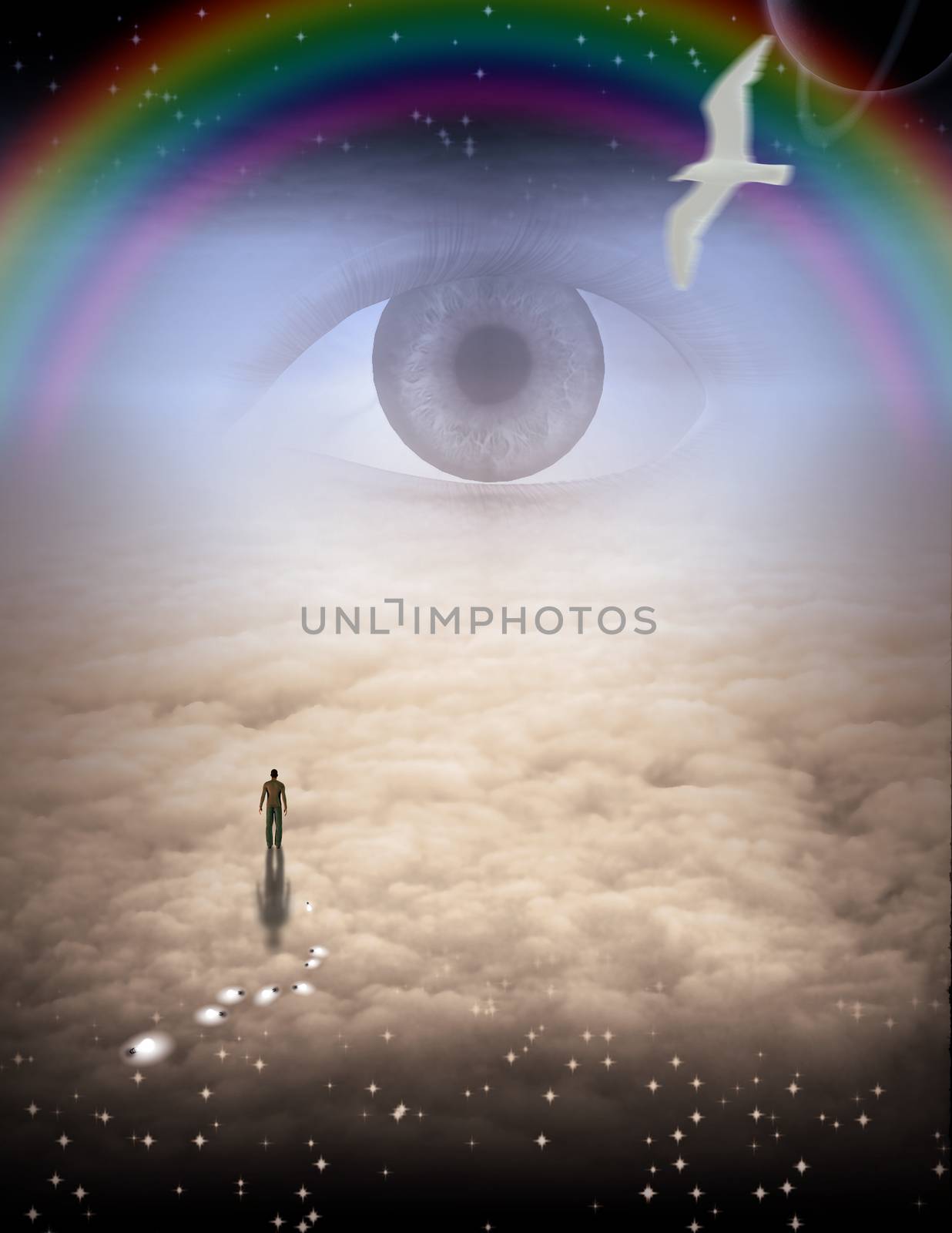 Mans Journey of the Soul. All seeing eye and rainbow in the sky