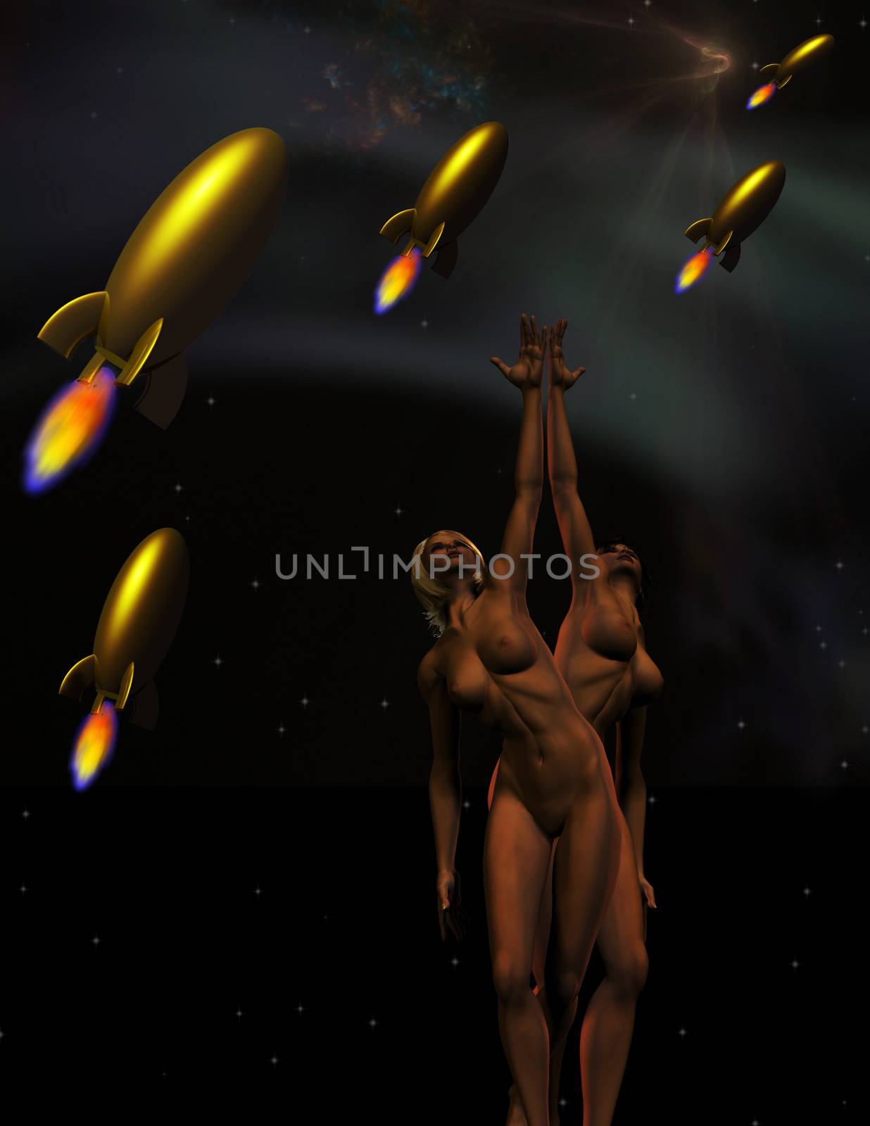 Retro Sci FI. Women aspire to the stars. Surreal rockets in the sky