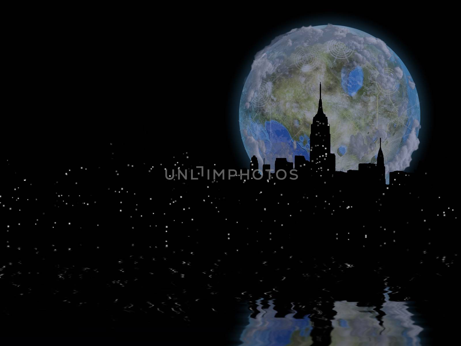 3D rendering. Terraformed moon over night city. Manhattan