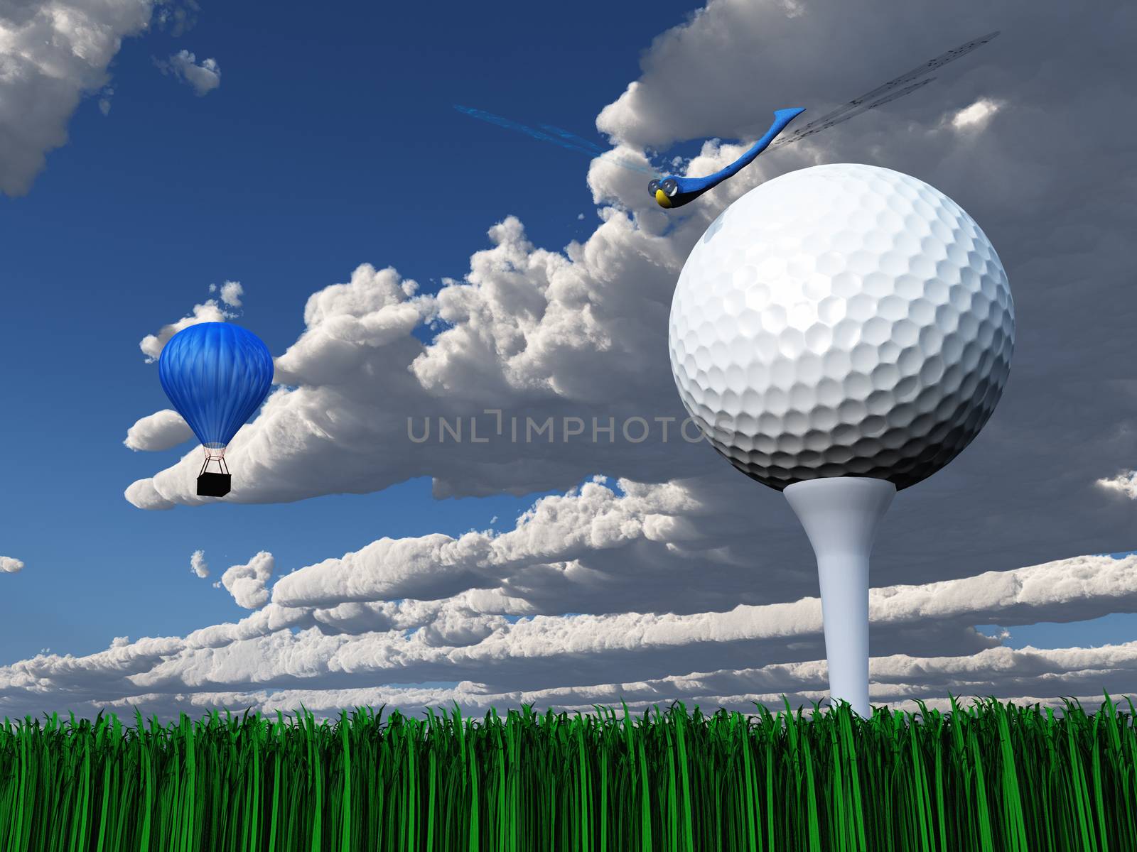 Golf Day. Ball on green court. Air balloon and dragonfly in cloudy sky
