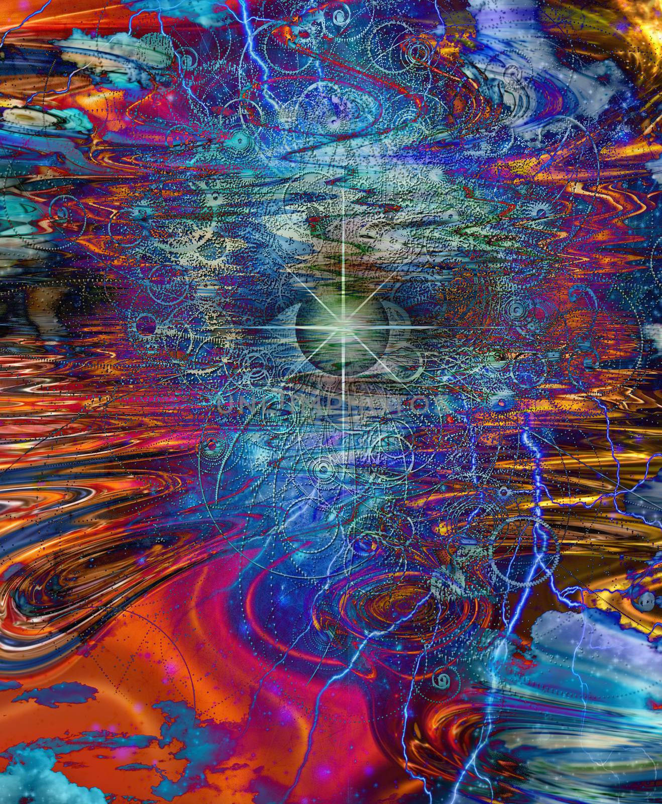 Surreal spiritual composition. All seeing eye above water surface. Vivid colorful background. 3D rendering