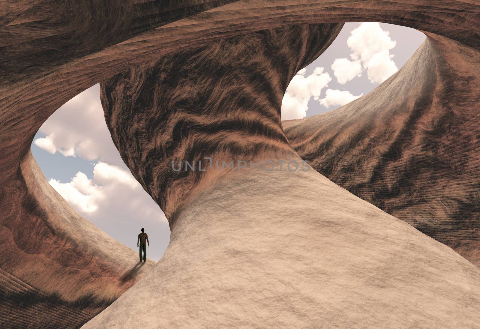 Lonely man in carved canyon rock