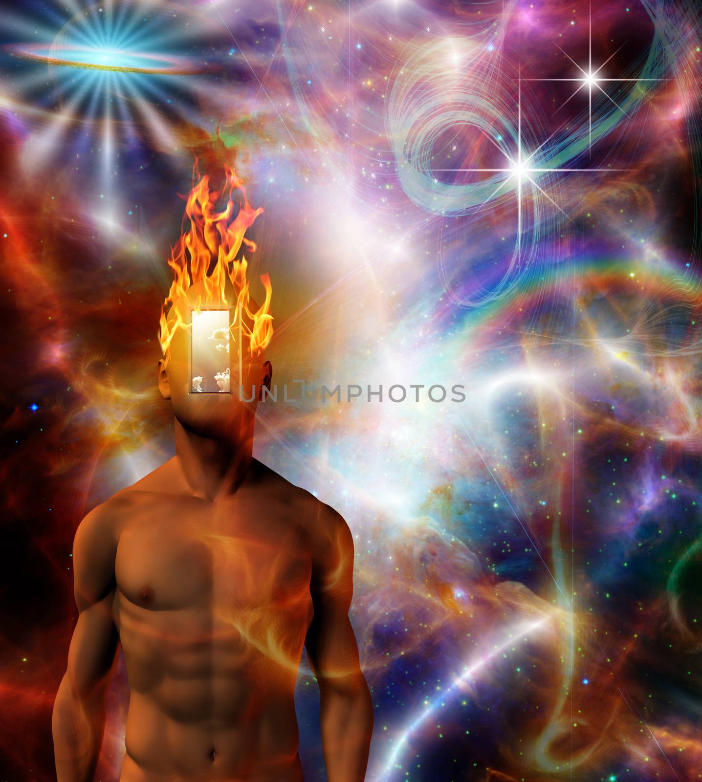 Surreal inspirational art. Burning mind in cosmic space