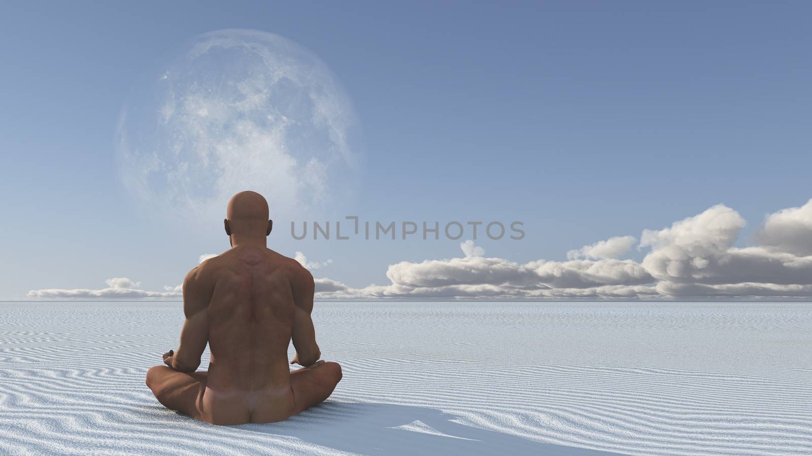 Man Meditates on white sands in surreal desert