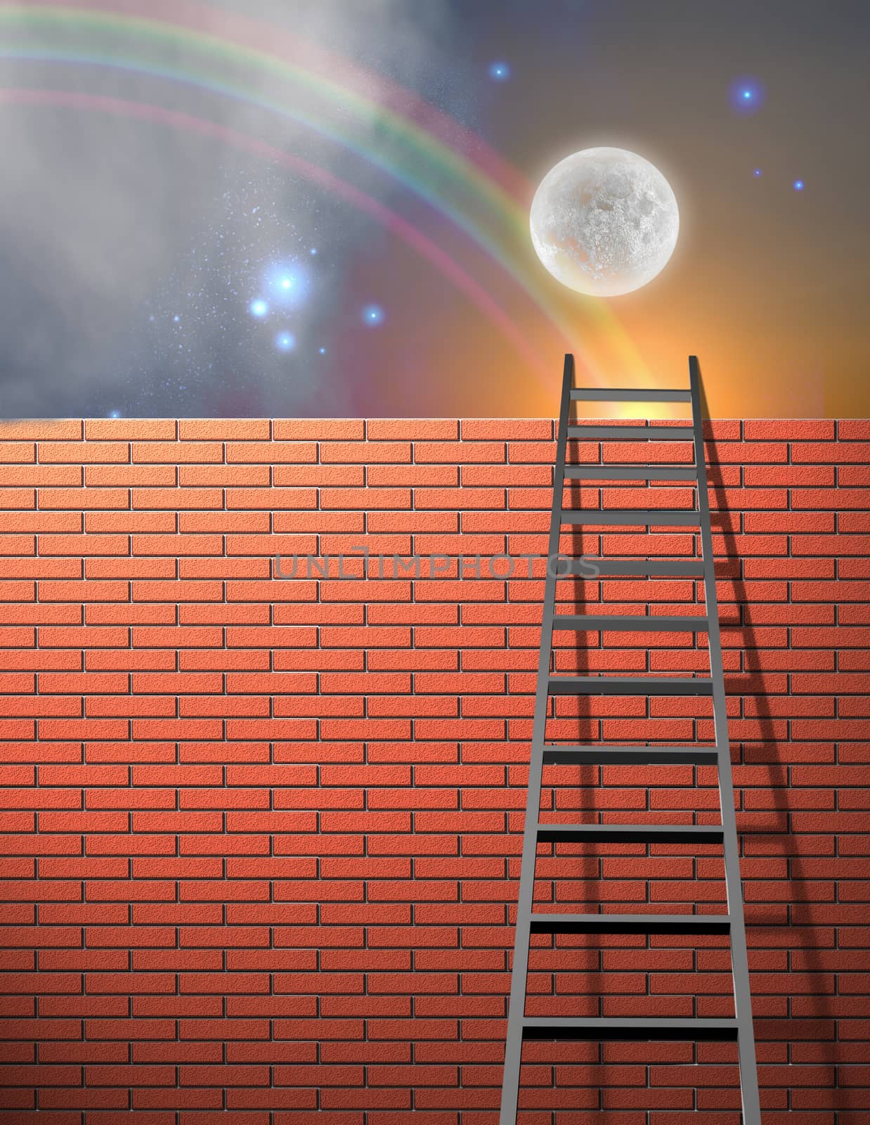 Ladder leans on wall. Vivid sky with rainbow and full moon