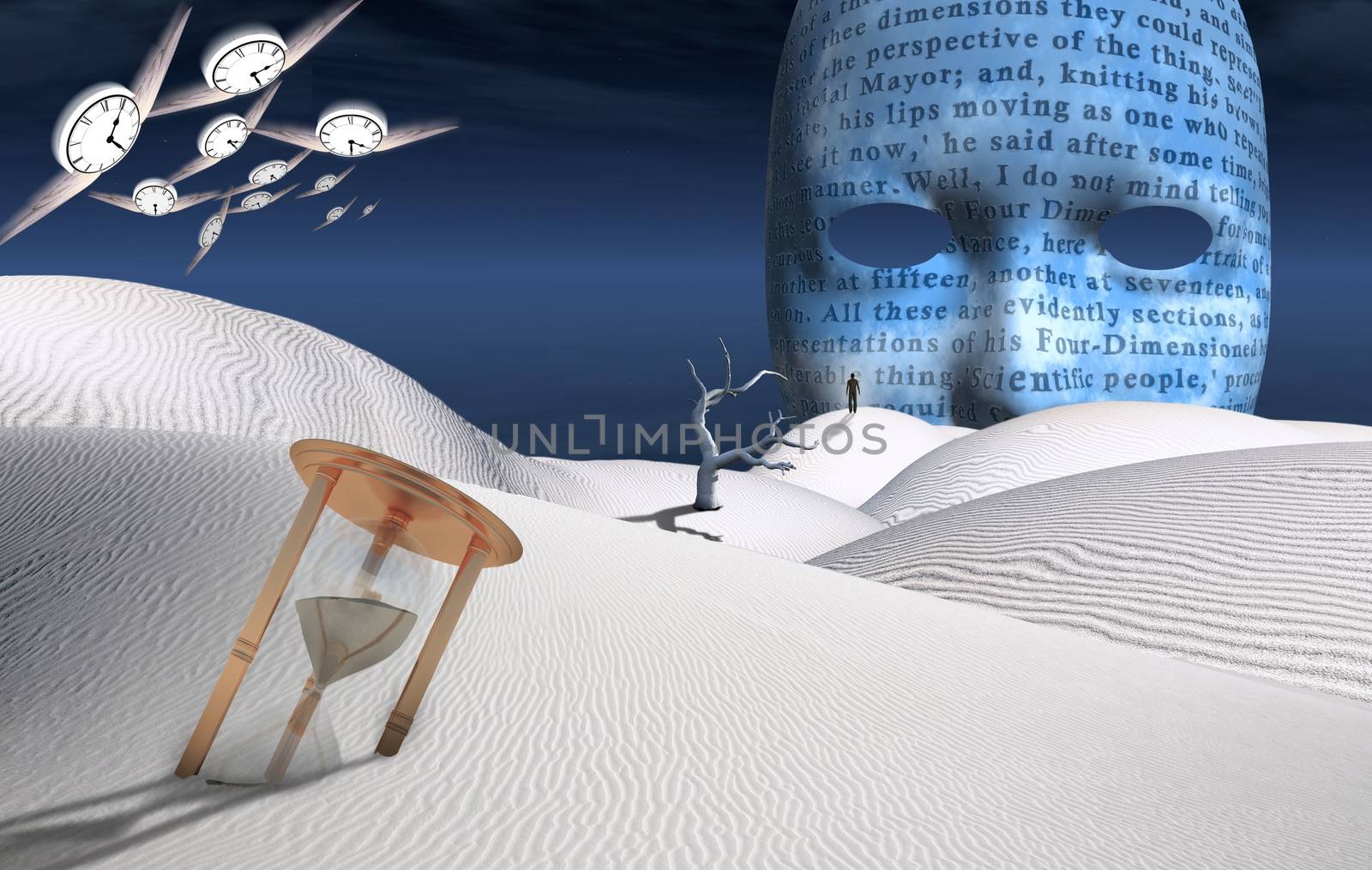 Sands of time. Surreal white desert with hourglass and dried tree. Winged clocks, mask. Figure of man in a distance