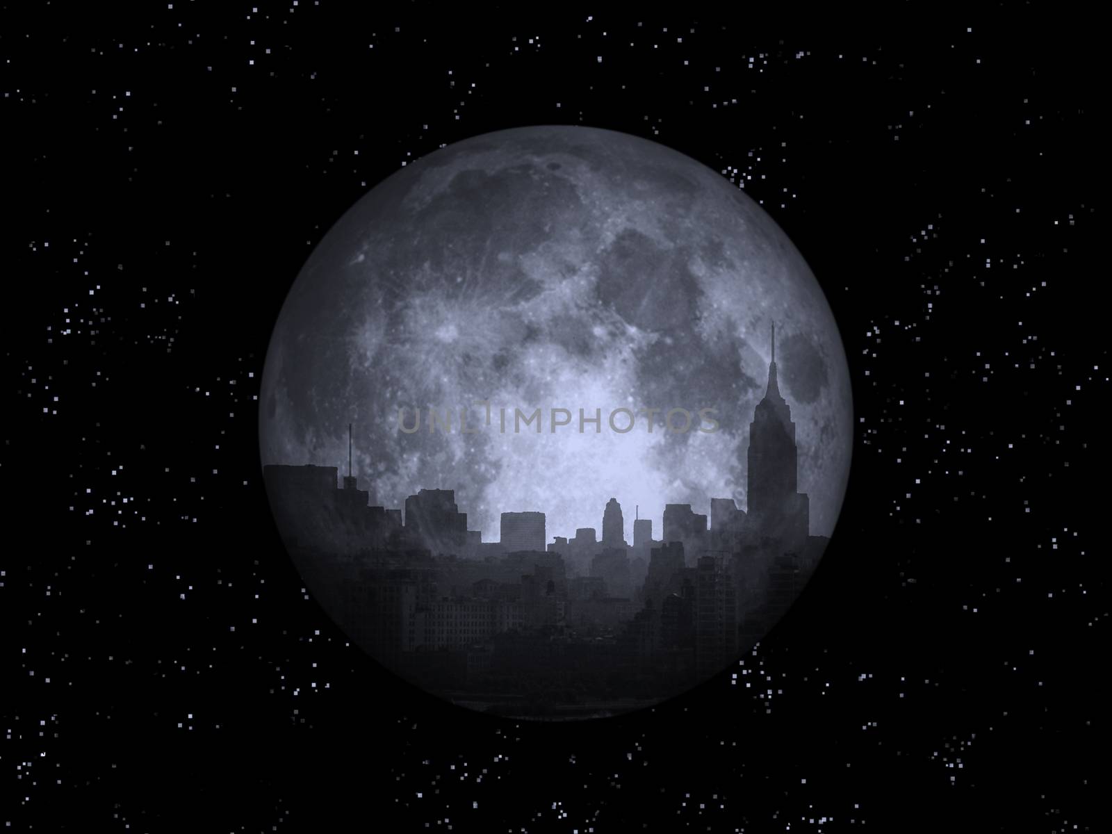 NYC Cityscape reflects in the moon. 3D Rendering