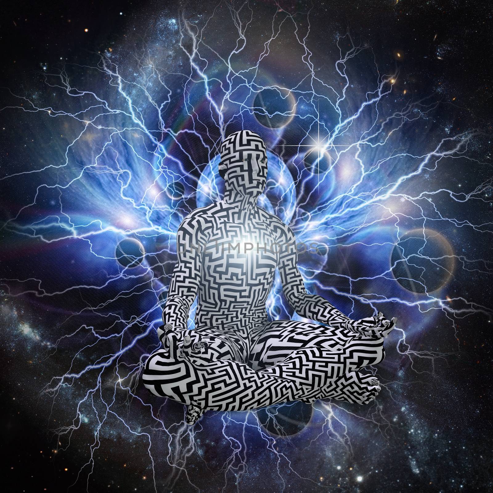 Meditation Power. Figure of man with maze pattern in lotus pose radiates space energy