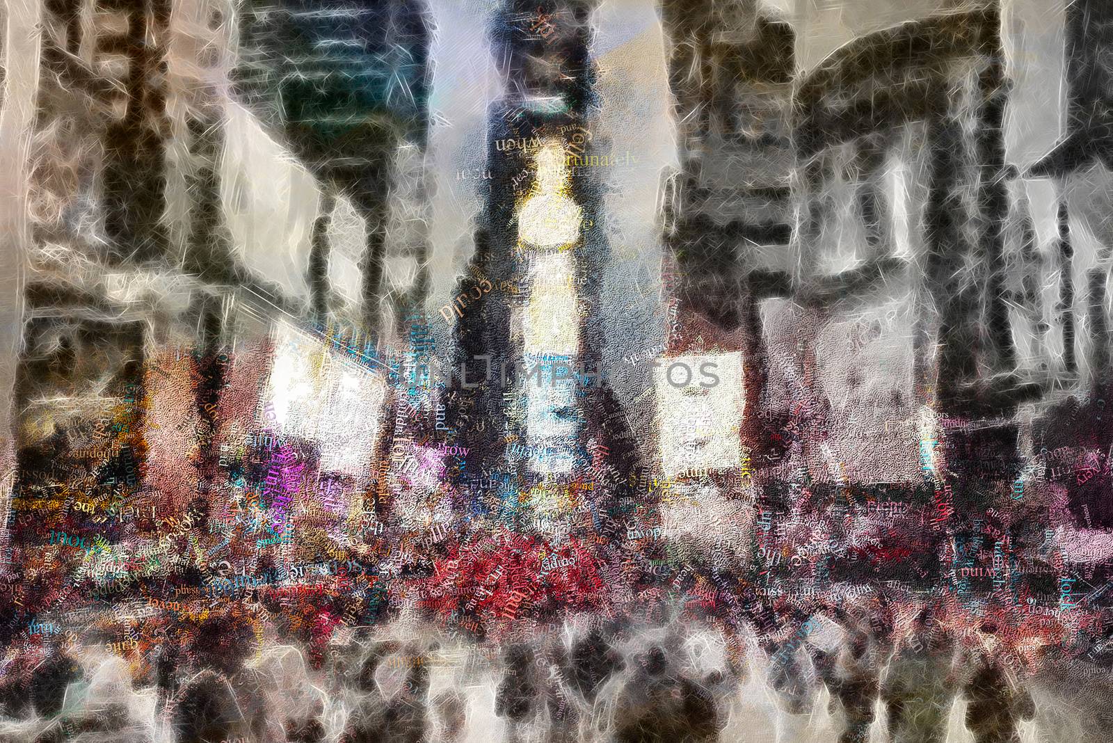 Abstract modern painting with words cloud. Times Square New York