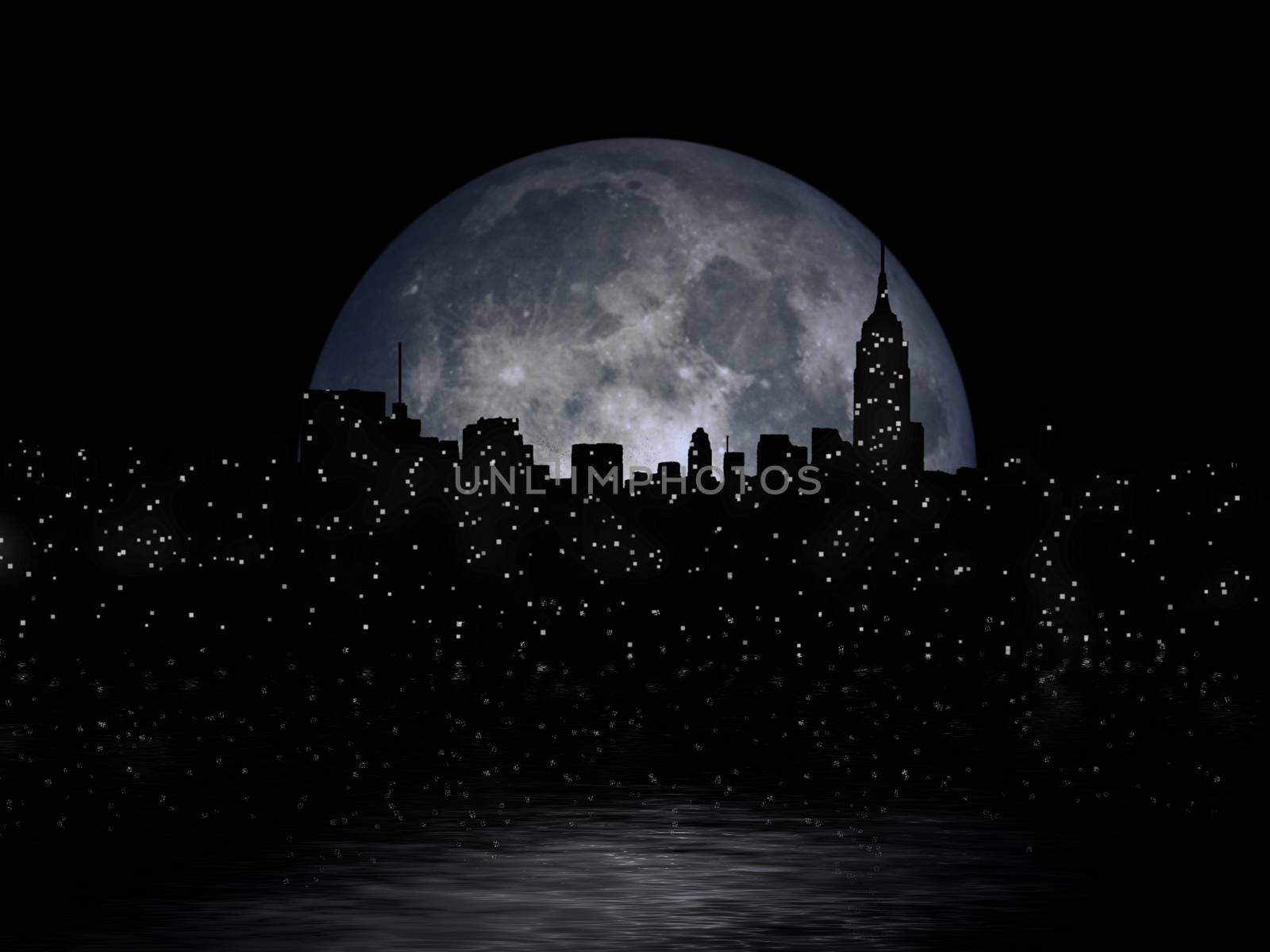 3D rendering. Full moon over night city