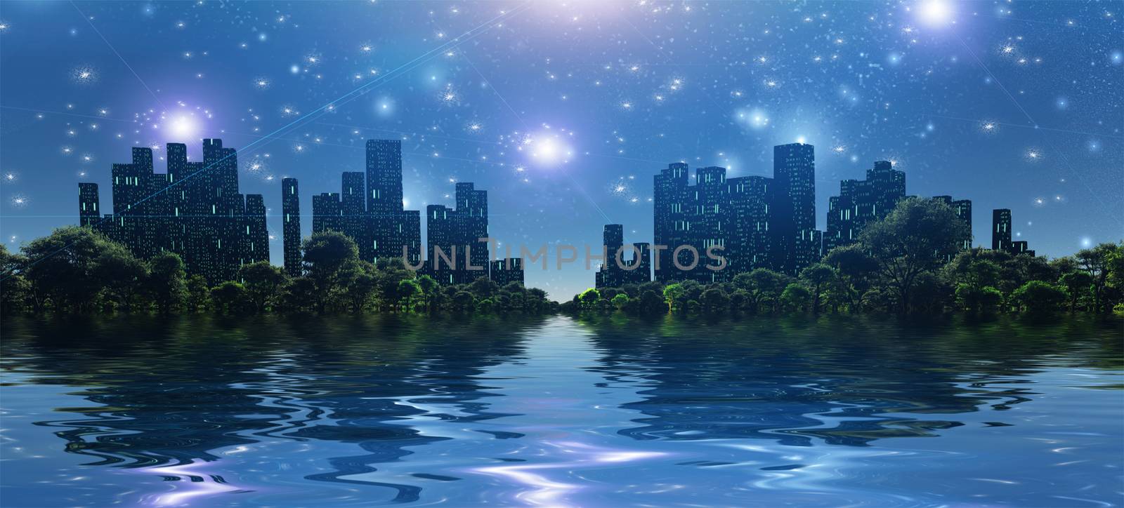 Surreal digital art. City surrounded by green trees in water world. Bright stars in the sky