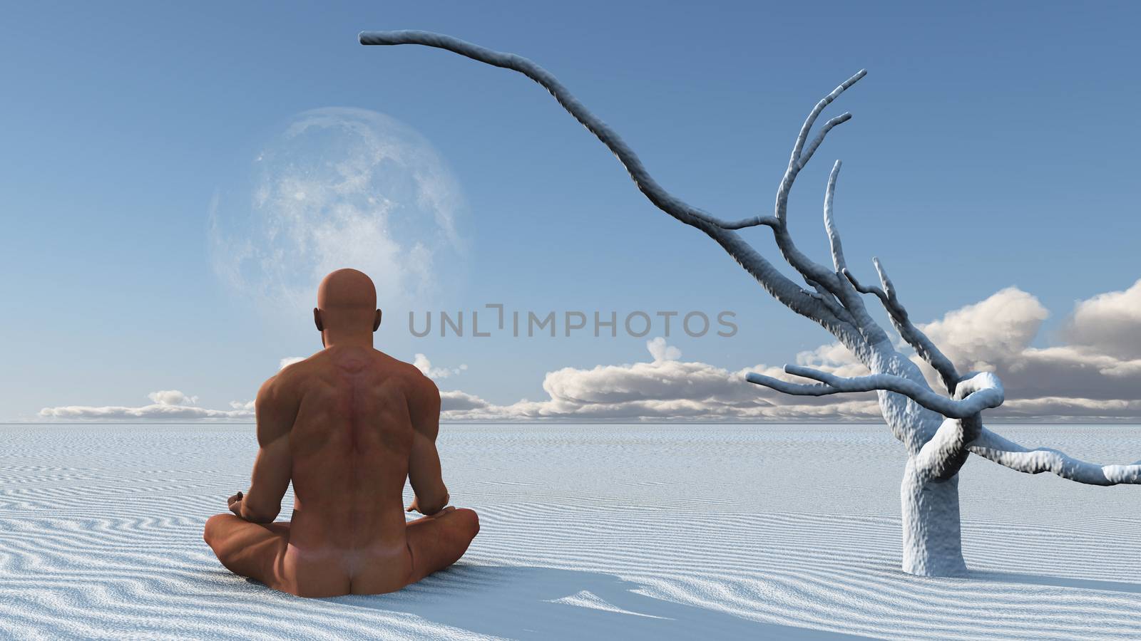Man Meditates on white sands