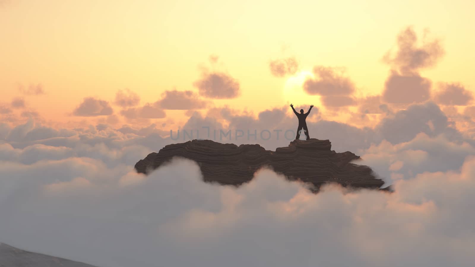 Man on a mountain peak. Sunrise or sunset