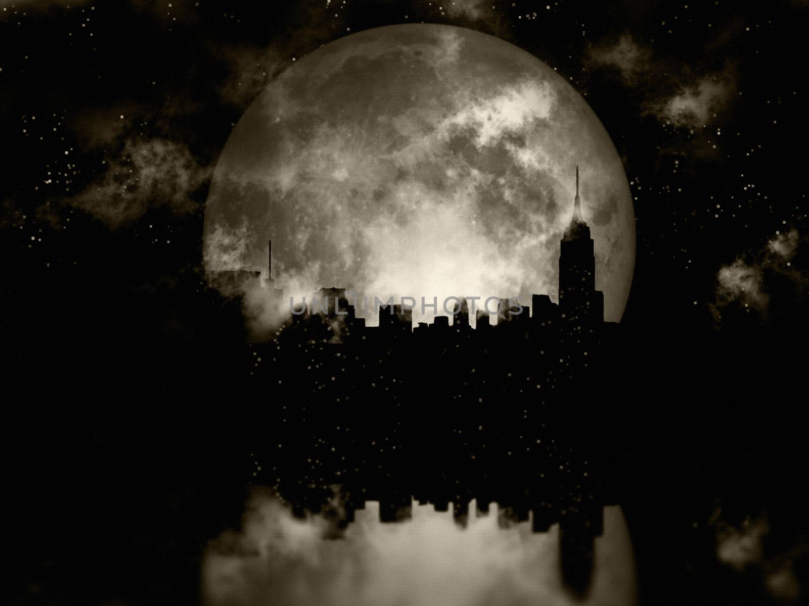 3D rendering. Full moon over night city