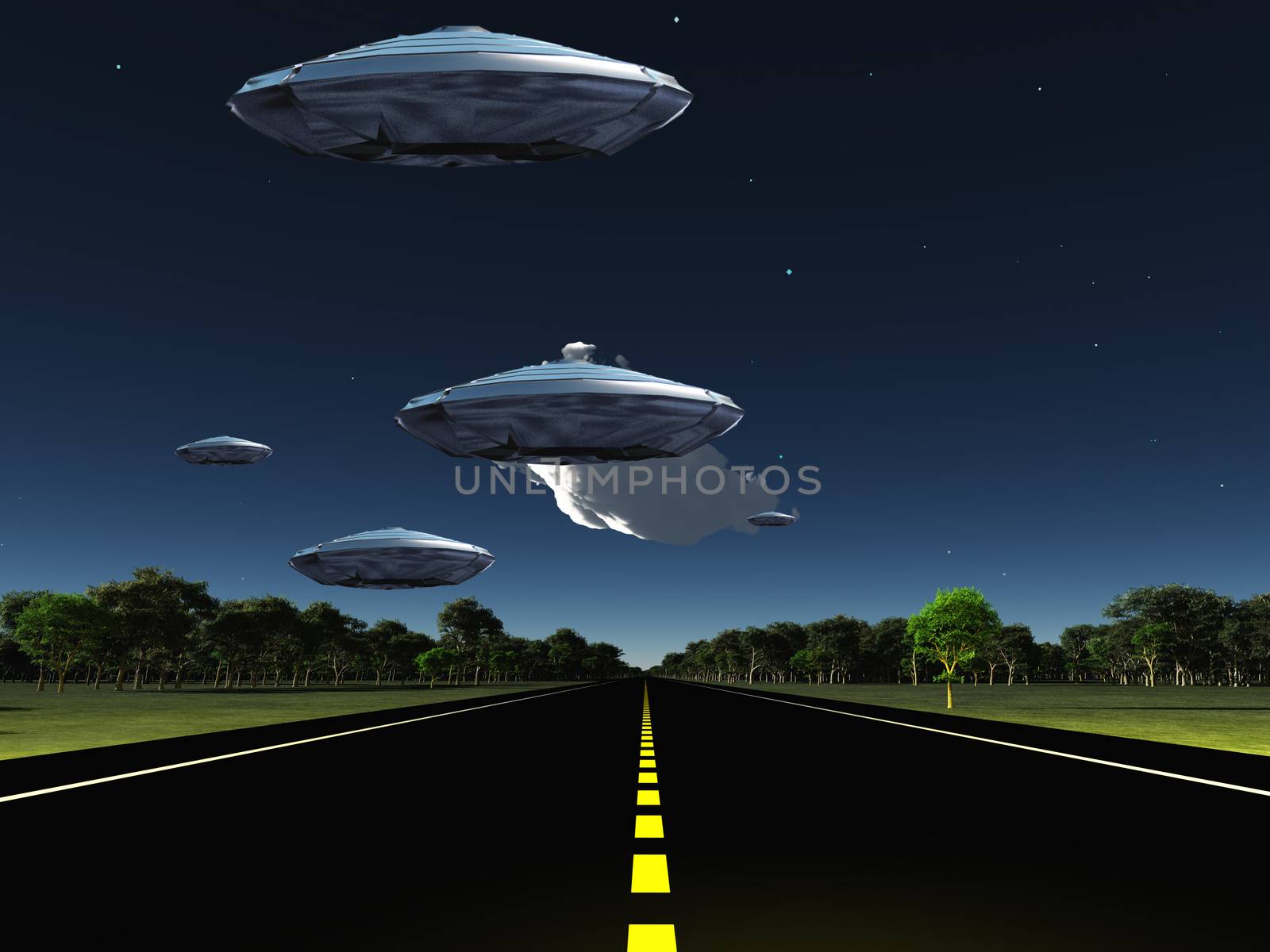 Flying saucers over the highway. Space travelers