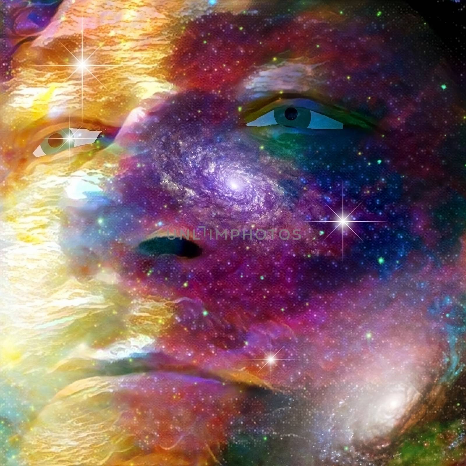 Surrealism. Man's face on deep space background