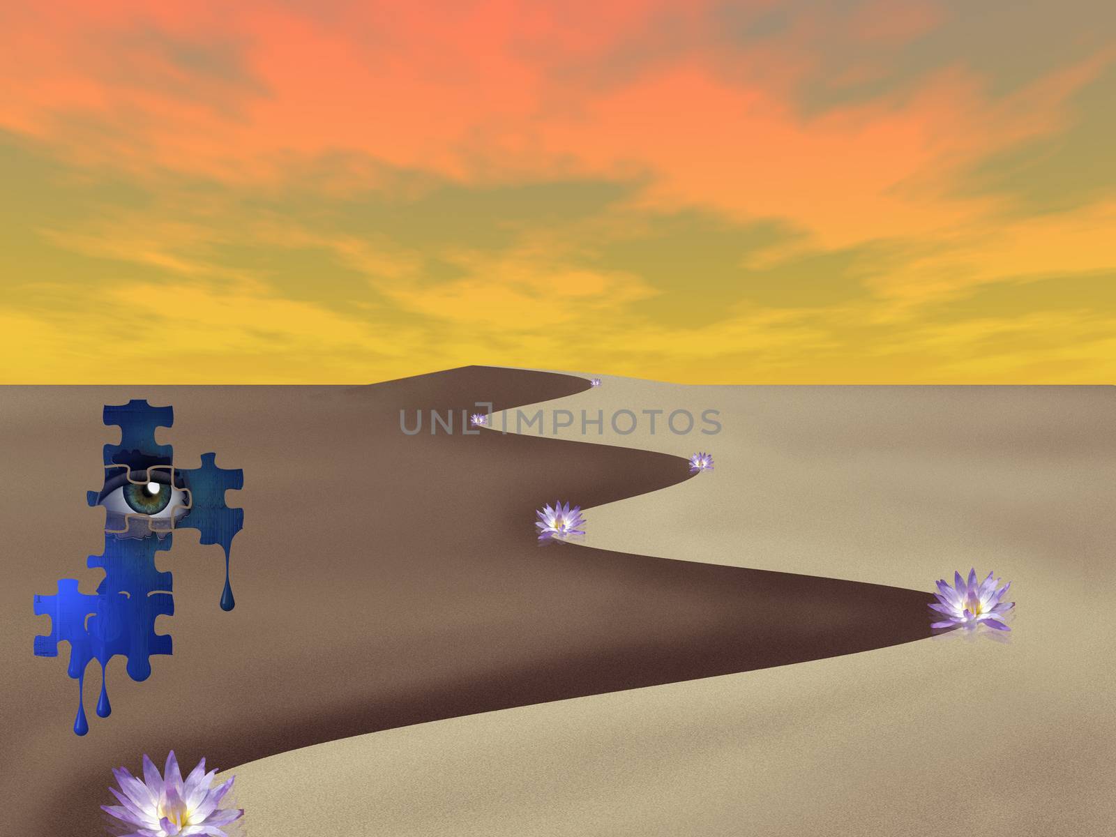 Surreal art. The desert of dreams. Lotus flowers and eye in puzzle pieces