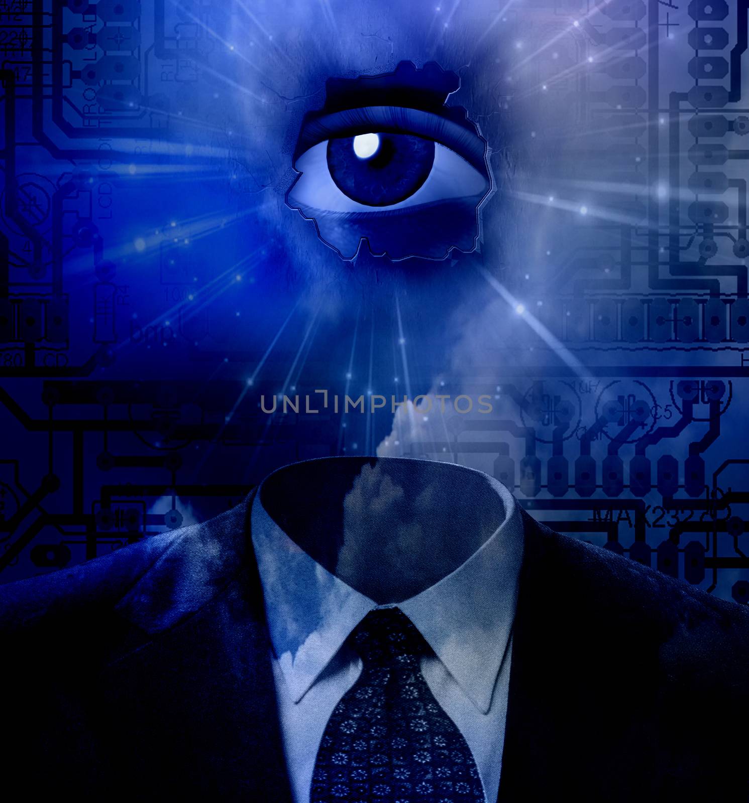 Overseer. Man's suit and eye on circuit board background