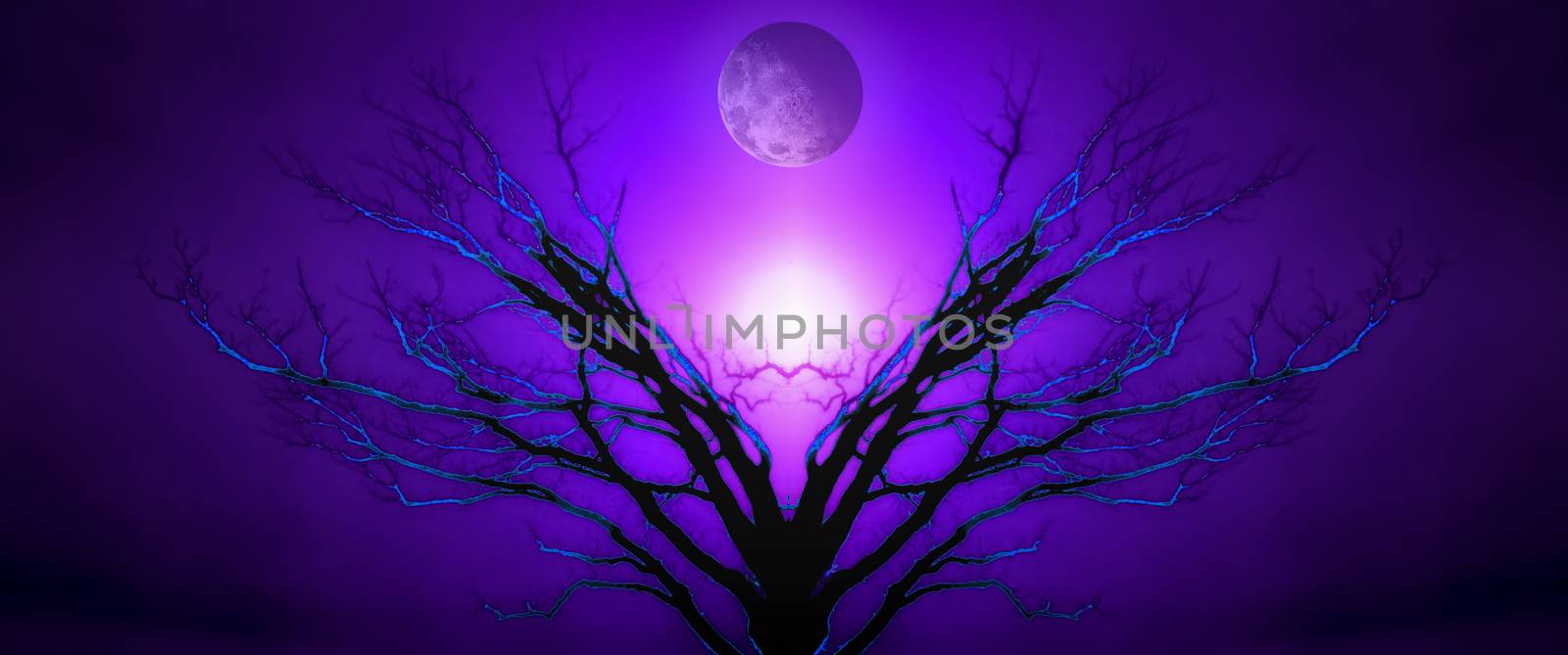Mystic Tree of Life. Moon in the Purple Sky