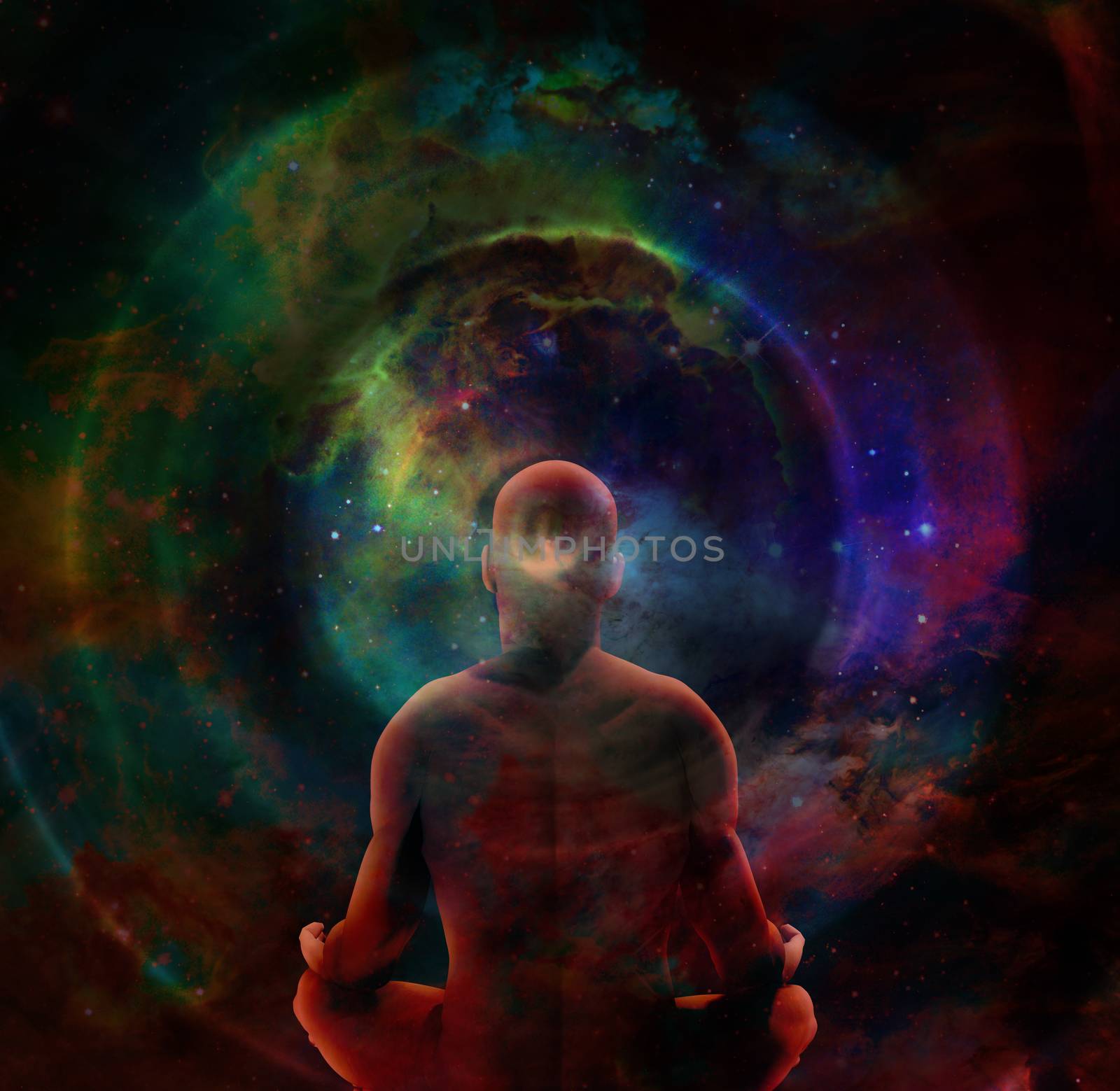 Man in lotus position sits before endless spaces