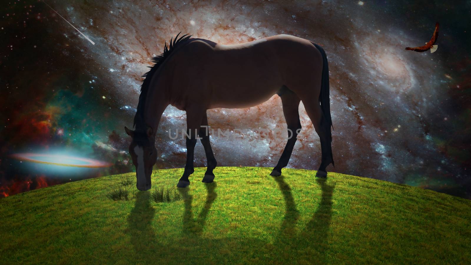 Horse in green field. Eagle soars in surreal sky. Galaxies and stars