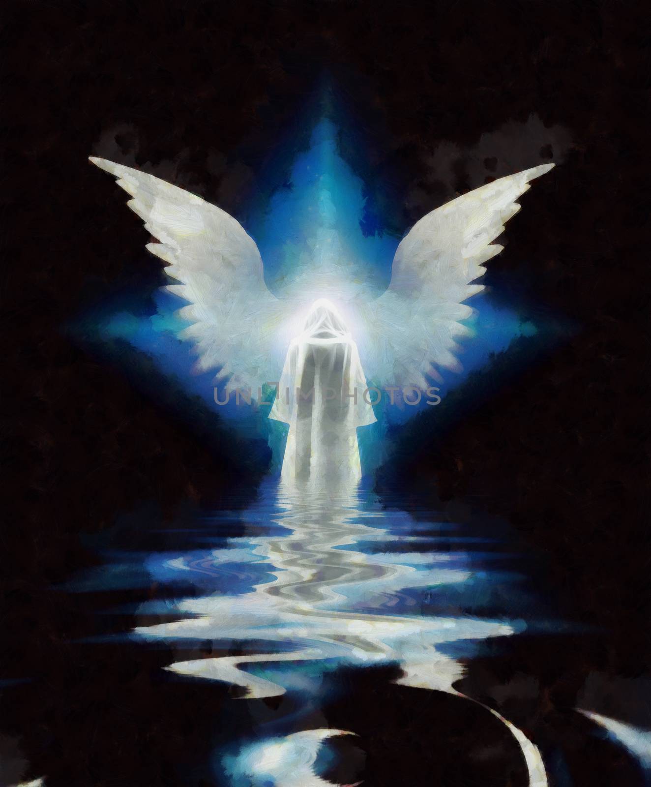 Abstract angelic figure, water and wings