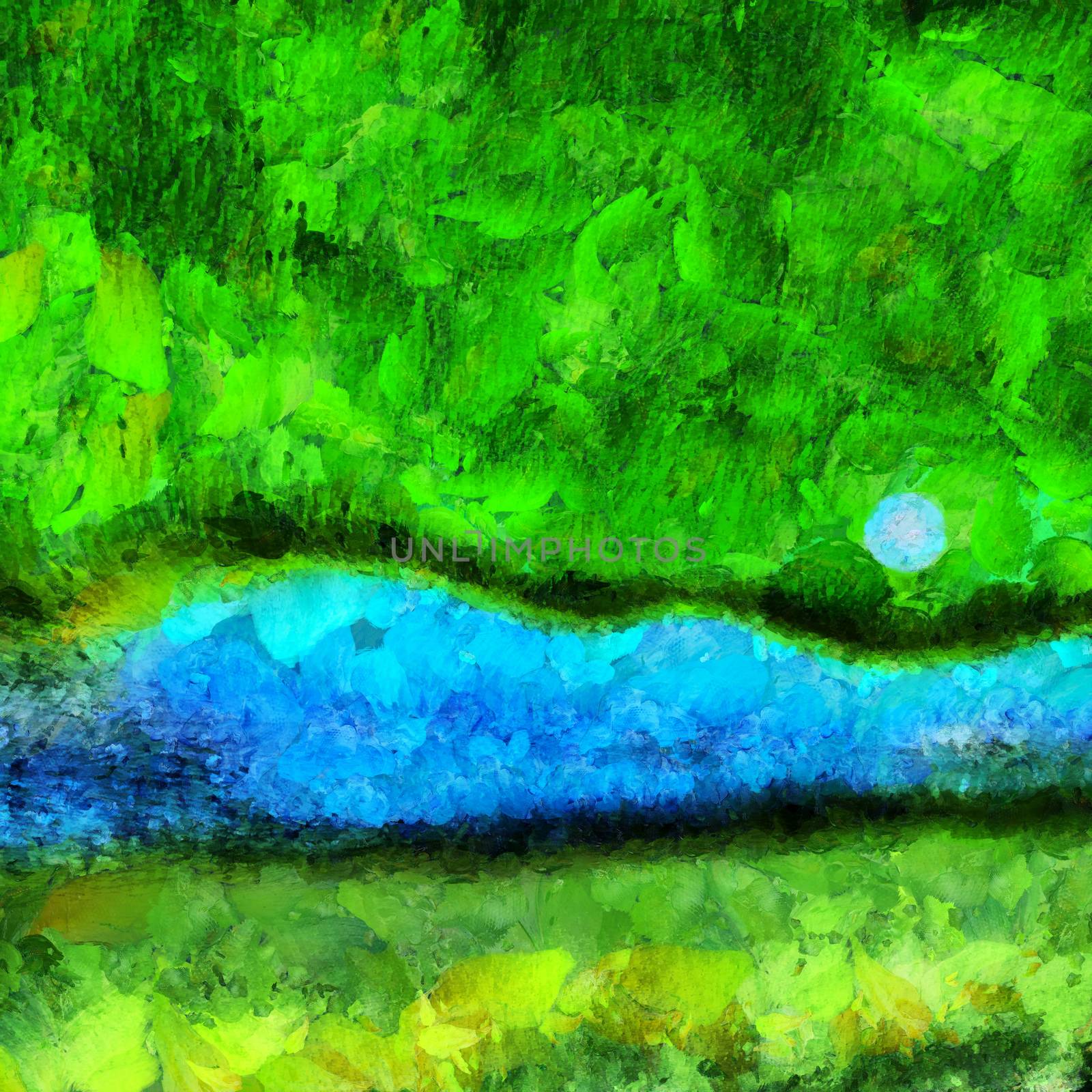 Abstract painting in green and blue colors. The River