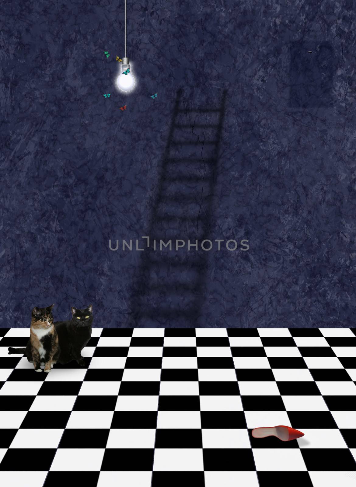 Modern surrealism. Cats in room with ladder and red shoe