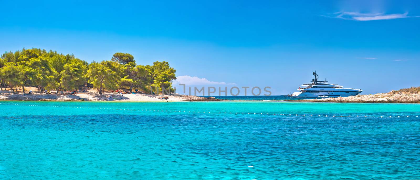 Pakleni Otoci arcipelago beach and superyacht panoramic view, Hvar island, Dalmatia region of Croatia