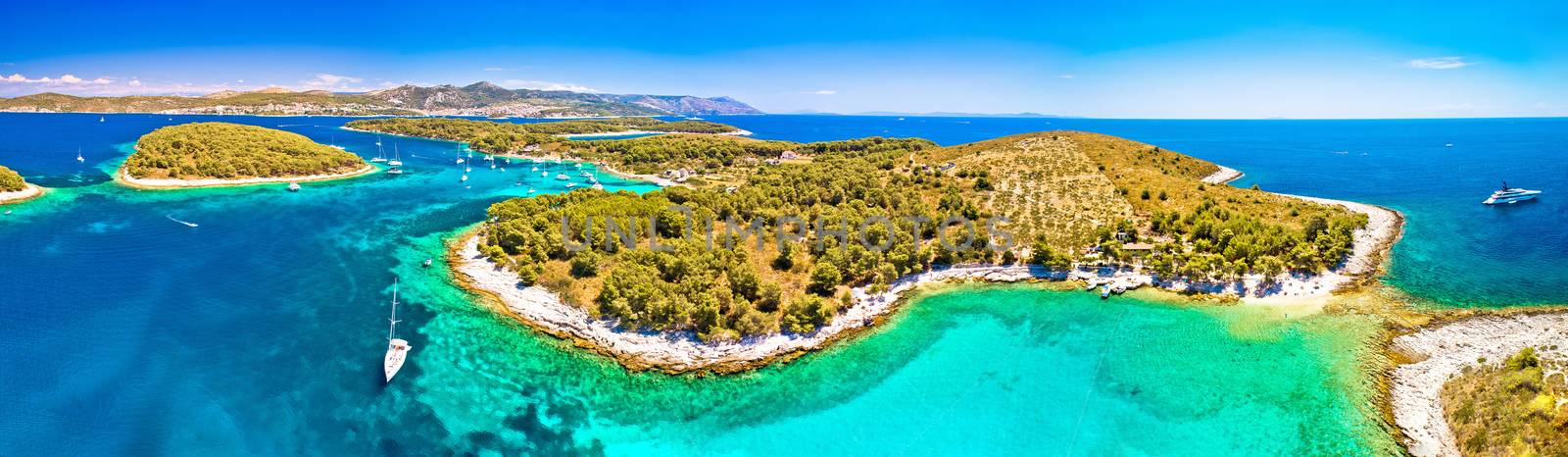 Pakleni otoci yachting destination arcipelago aerial panoramic view, Marinkovac island. Hvar, Dalmatia region of Croatia